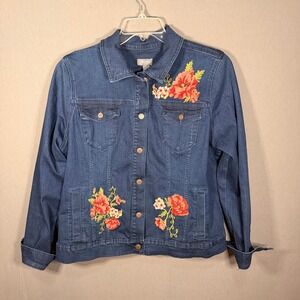 Martha Stewart Floral Embroidered Denim Jacket Blue Stretch Trucker Womens Large